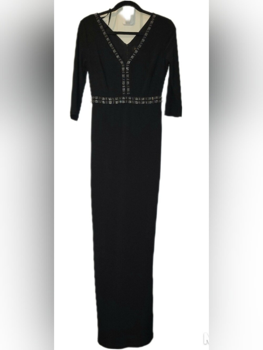 Laundry by Shelli Segal Black + Beaded V Neck Formal Dress SZ 6 Side Split